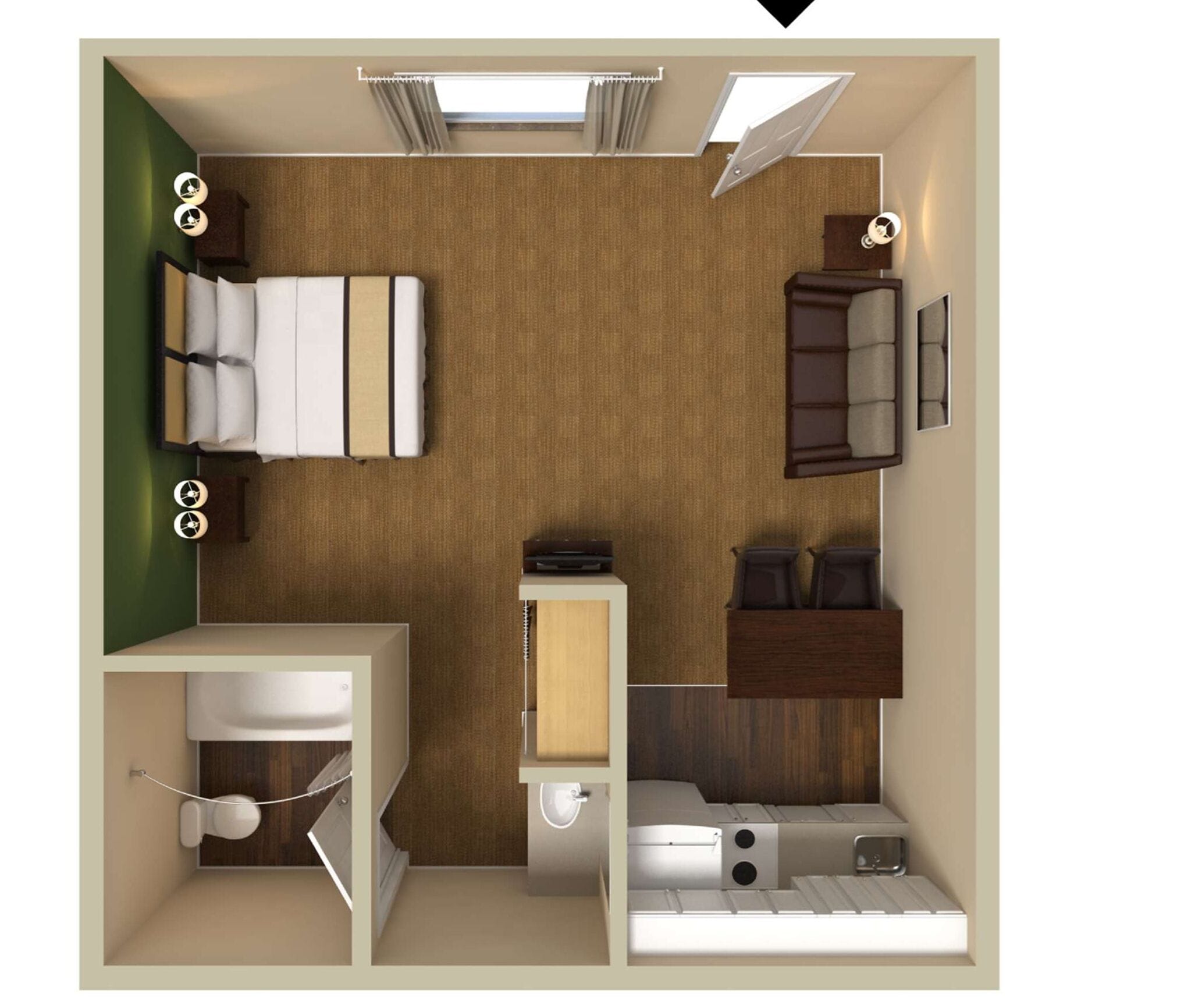 A compact hotel room with a bed, a small desk, a seating area, a wardrobe, and a bathroom.