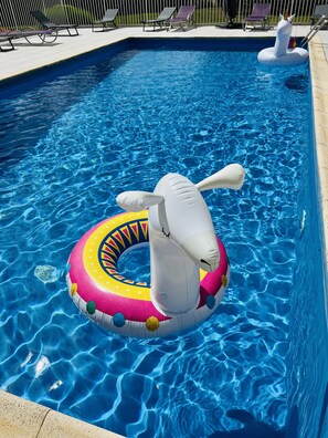 Outdoor pool, open 9 AM to 8 PM, pool umbrellas, pool loungers