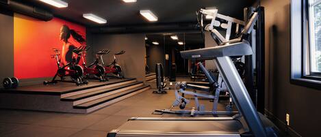 A gym with treadmills, stationary bikes, and weight machines.