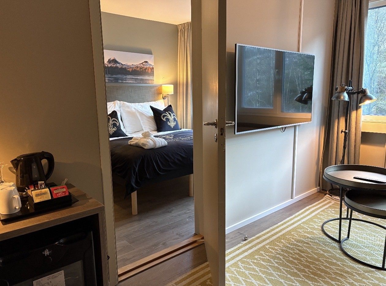 A hotel room with a bed, a TV, a coffee station, and a view of a mountain.