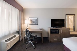 Desk, laptop workspace, blackout curtains, iron/ironing board
