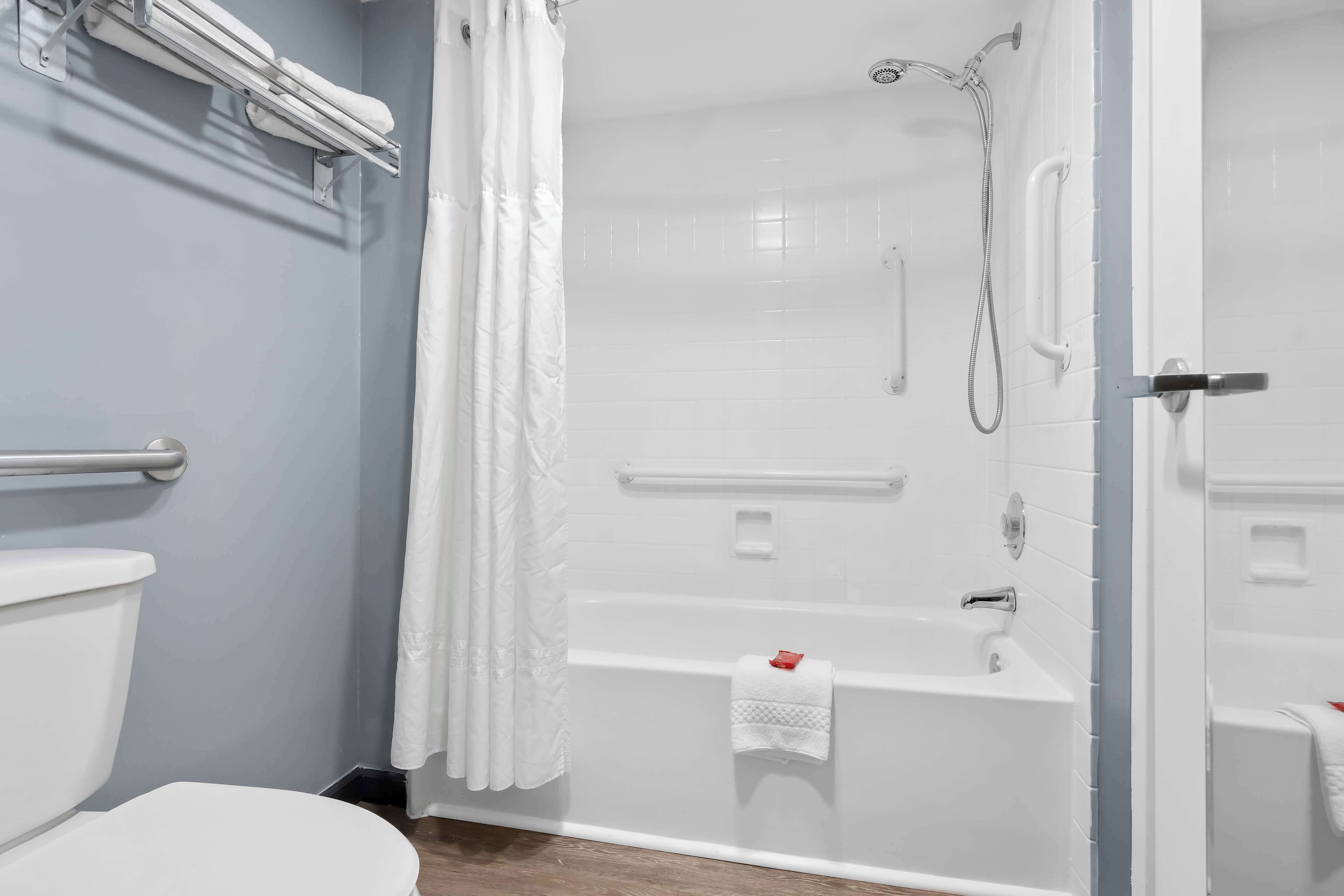 A modern bathroom with a white bathtub, a shower, and a toilet.