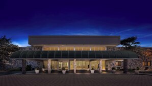 Een modern hotel met een overdekte ingang, een gevel van natuursteen en potplanten.
