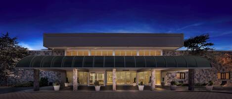 A modern hotel with a covered entrance, stone facade, and potted plants.
