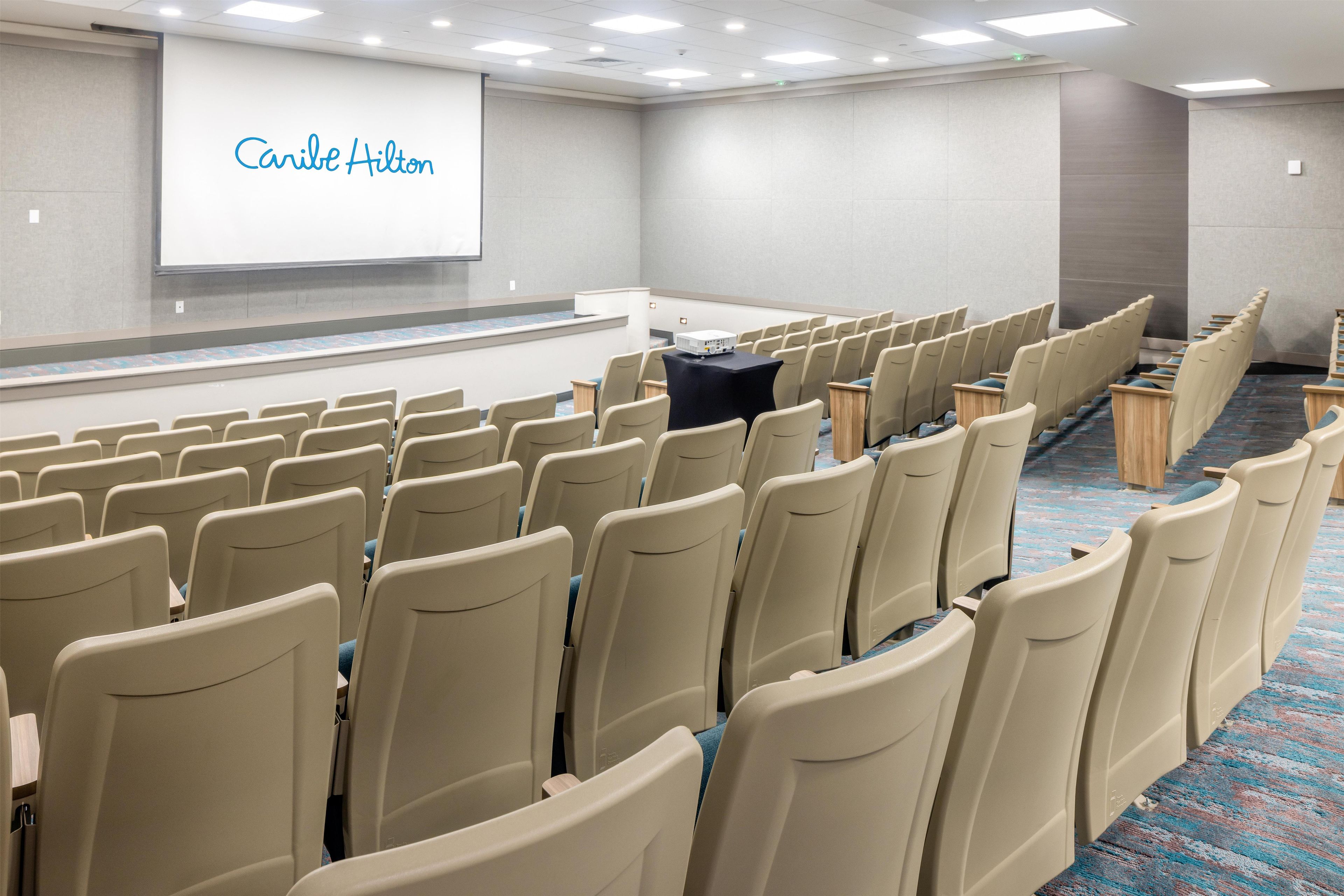 A conference room with rows of beige chairs, a projection screen, and a carpeted floor.
