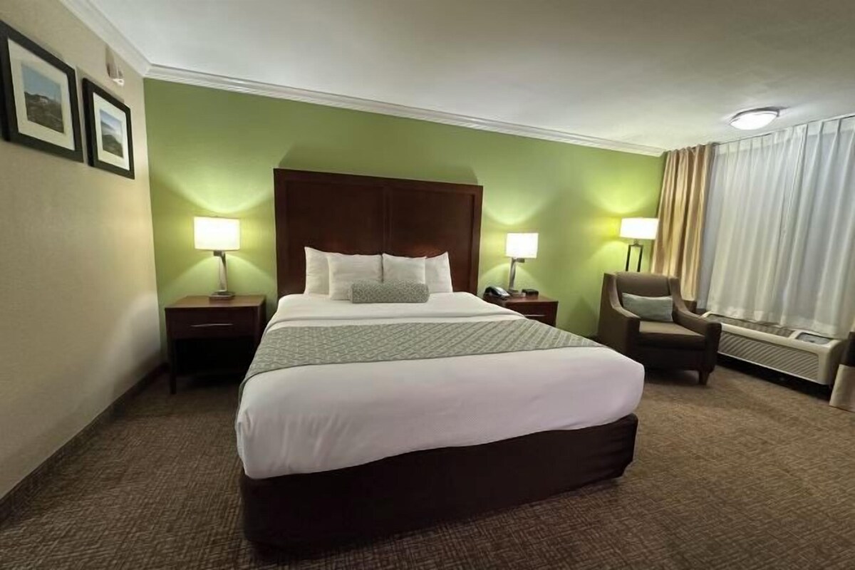 A hotel room with a large bed, two bedside tables with lamps, a chair, and a window with curtains.