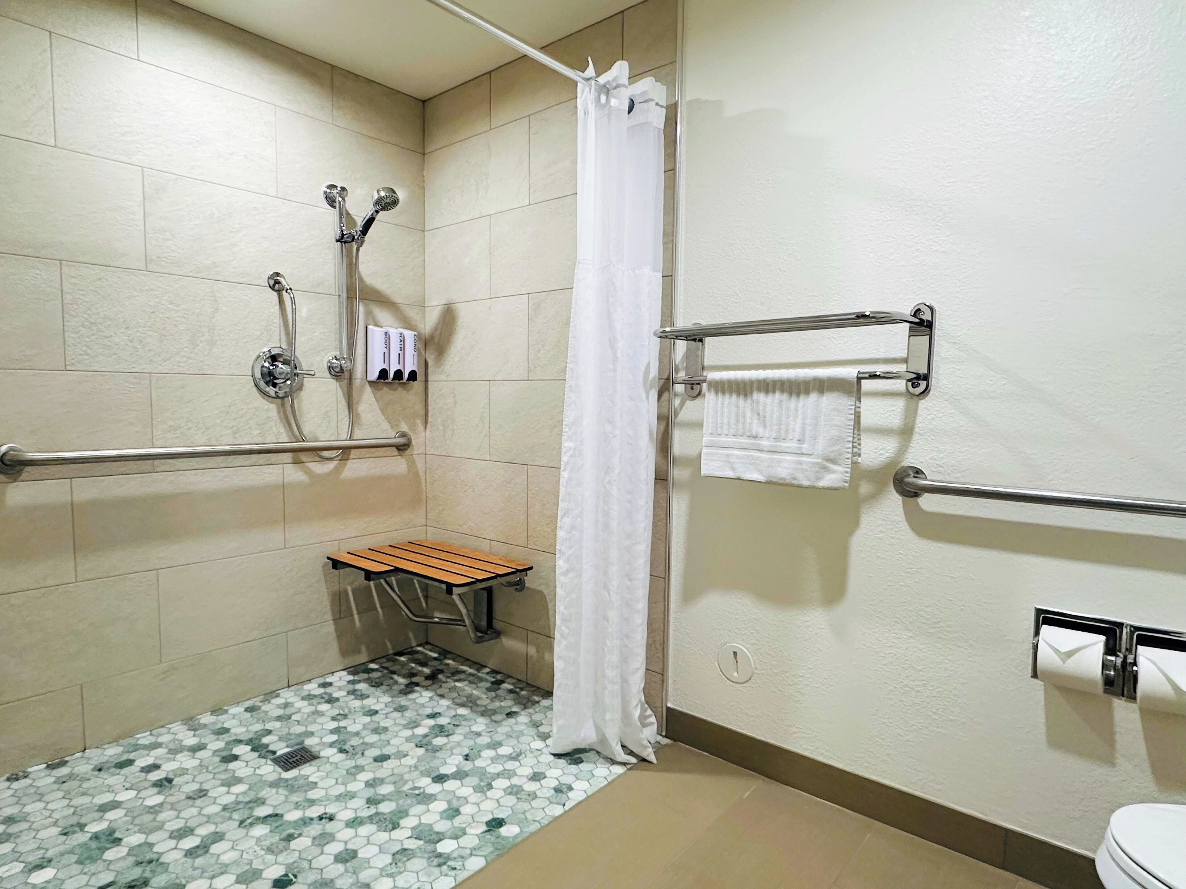 standard room, 1 king bed, mobility accessible | bathroom | eco-friendly toiletries, hair dryer, towels, soap