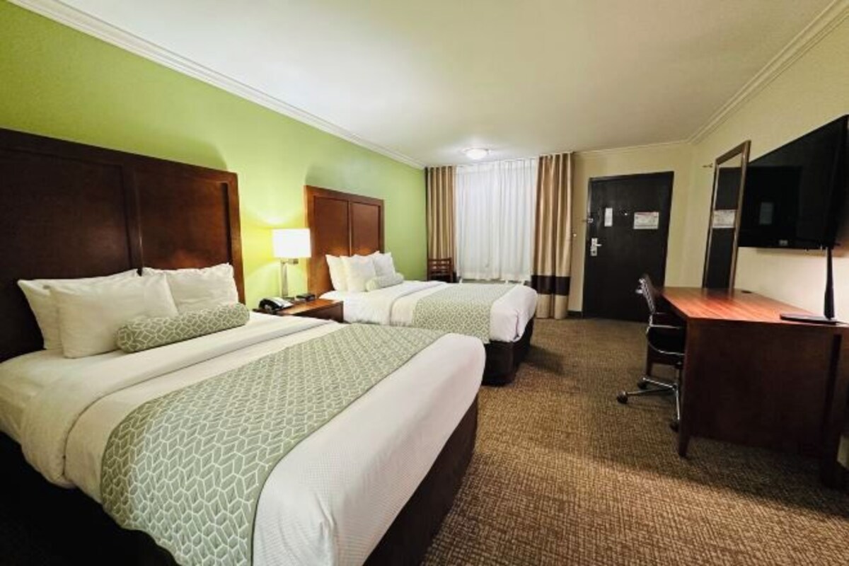 Une chambre d’hôtel avec deux lits, un bureau, une chaise, une lampe et un miroir.