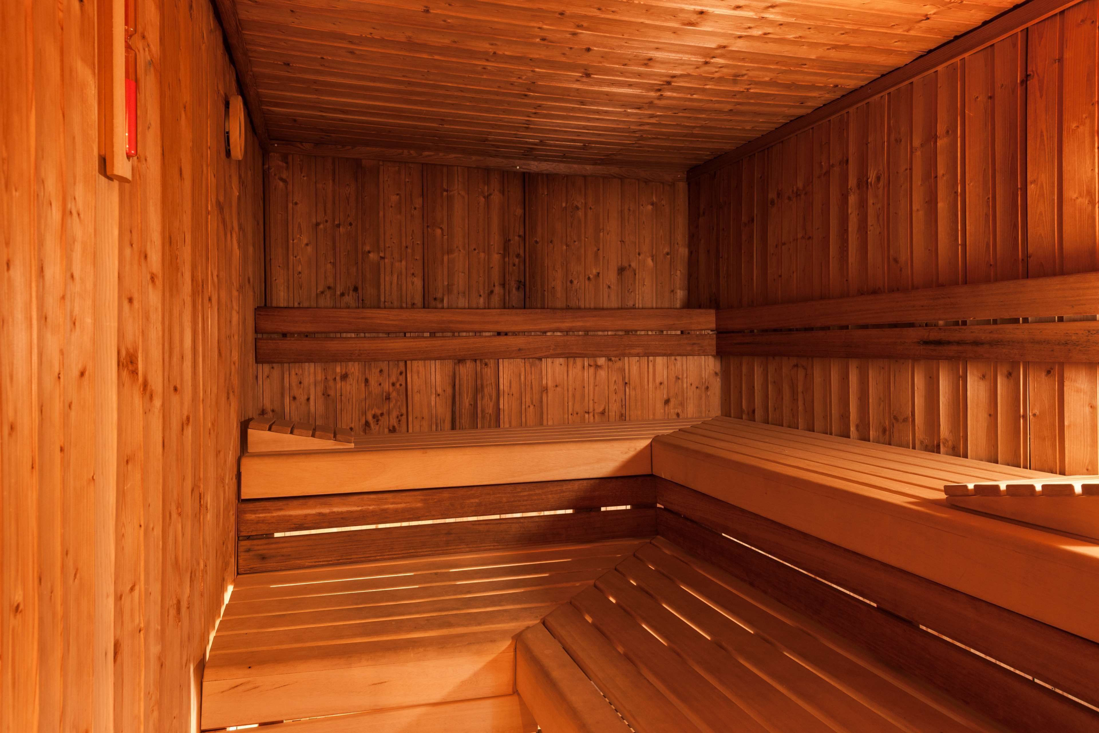 Una sauna con paredes y bancos de madera.