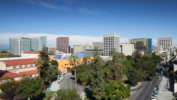 A cityscape with modern buildings, a clear sky, and a street lined with trees.