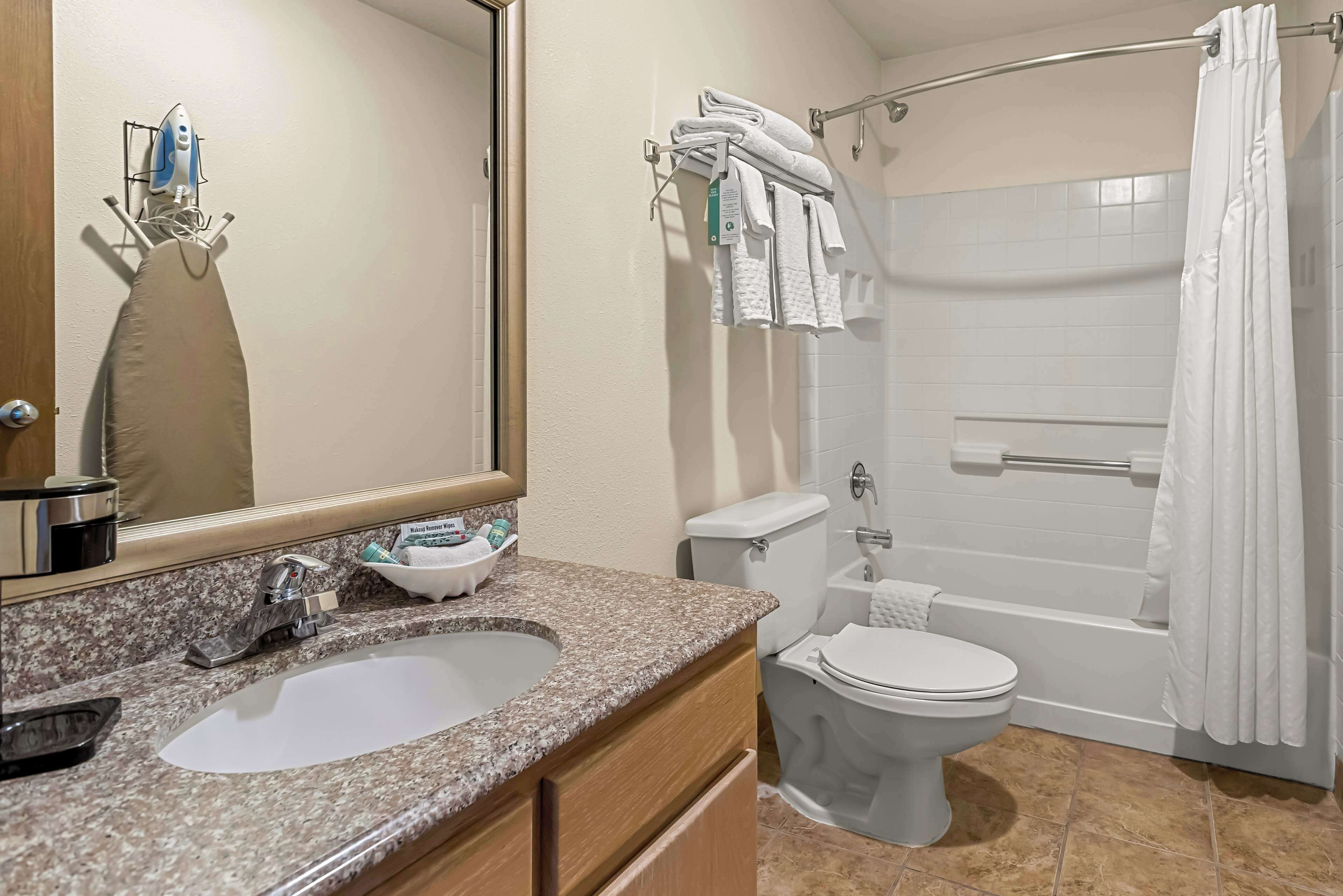 combined shower/bathtub, eco-friendly toiletries, hair dryer, towels