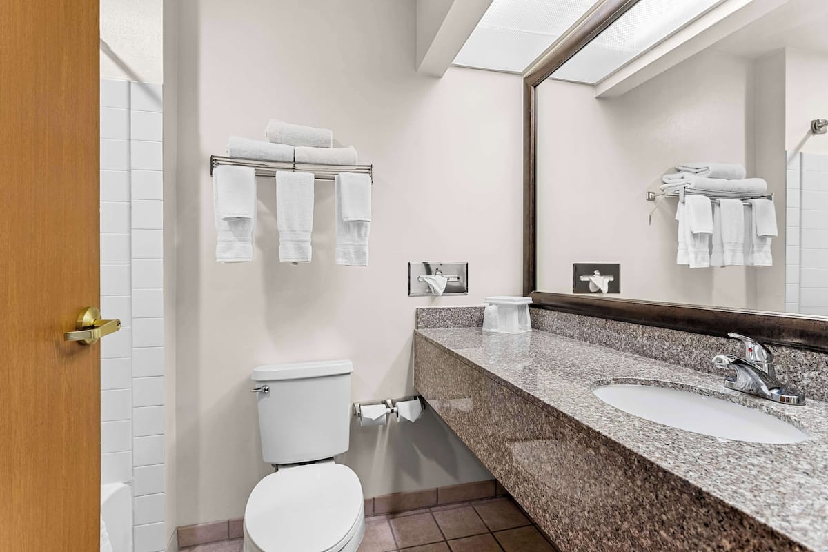 suite, 1 king bed, non smoking, refrigerator & microwave | bathroom | combined shower/bathtub, eco-friendly toiletries, hair dryer, towels