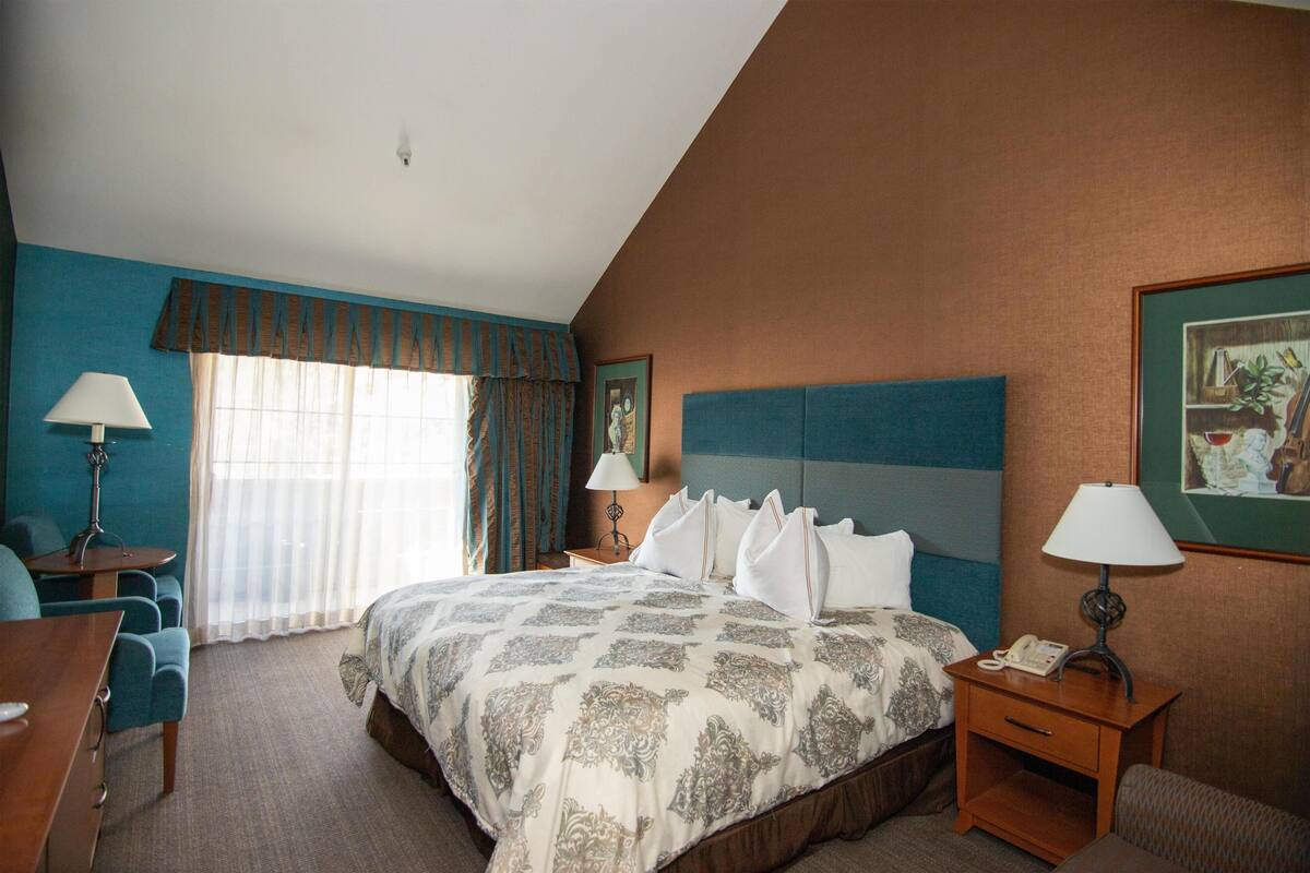 A hotel room with a large bed, a desk, two chairs, a nightstand with a lamp, and a framed picture on the wall.