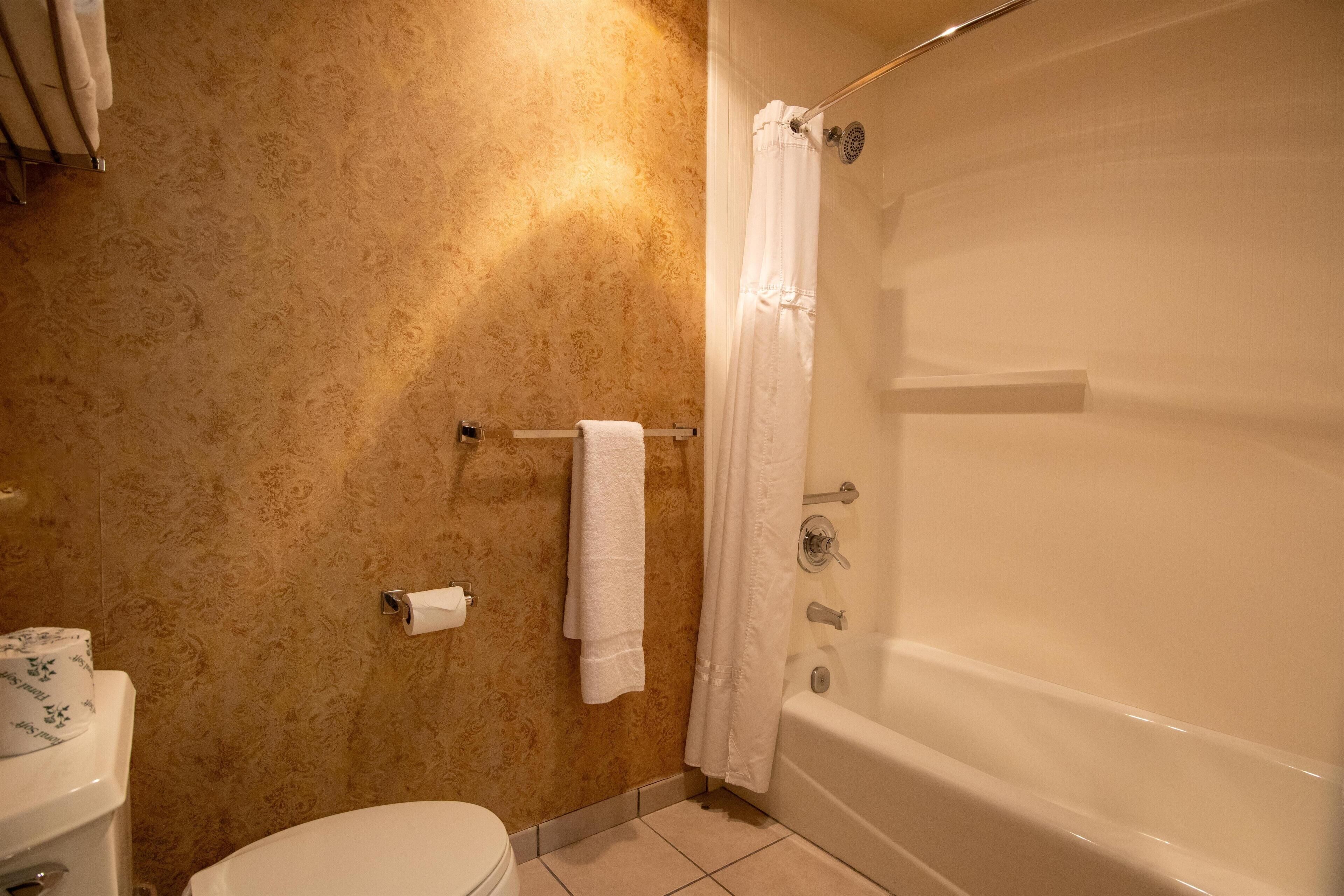 Un bagno con una vasca, un water e un portasciugamani.