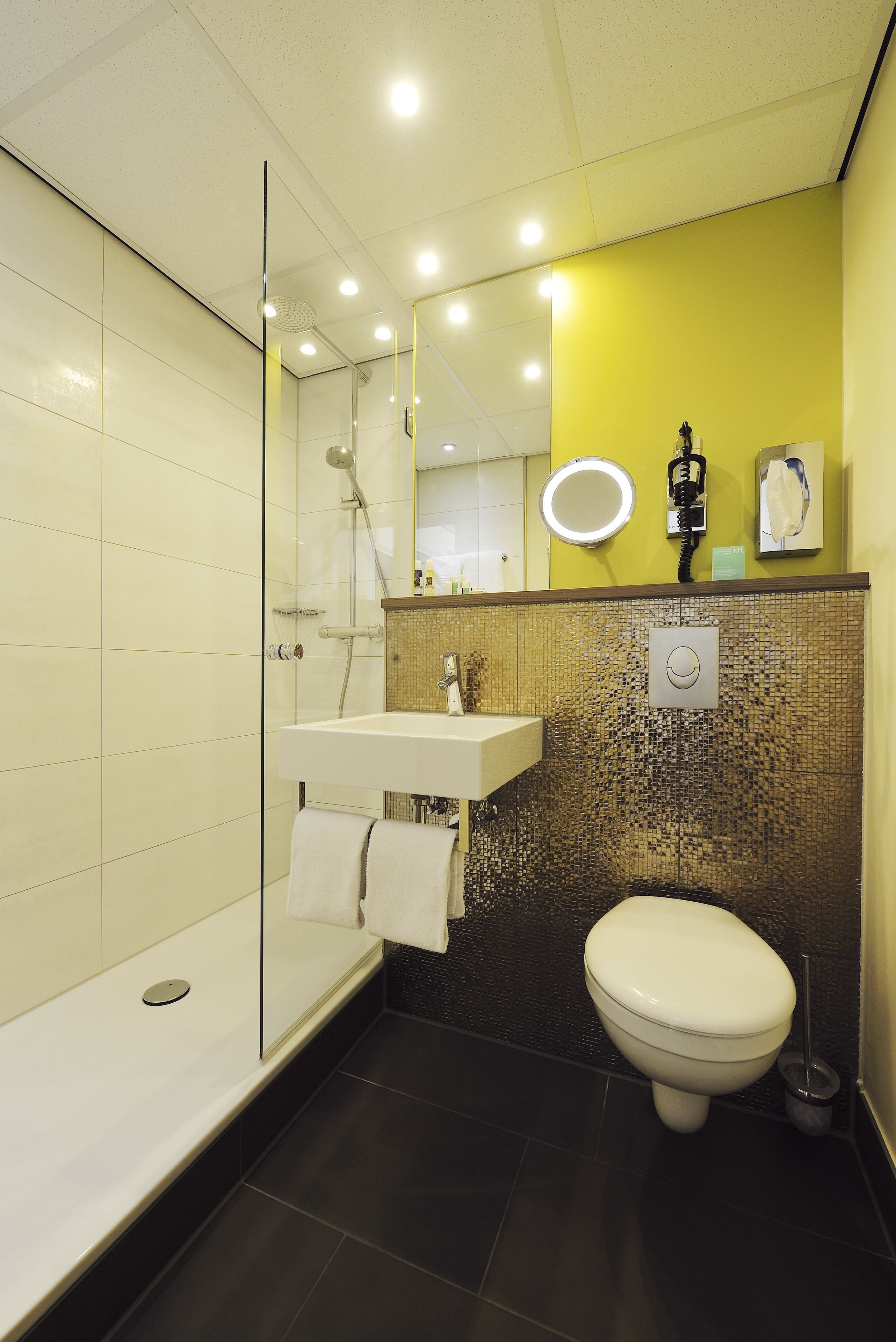 shower, eco-friendly toiletries, hair dryer, towels