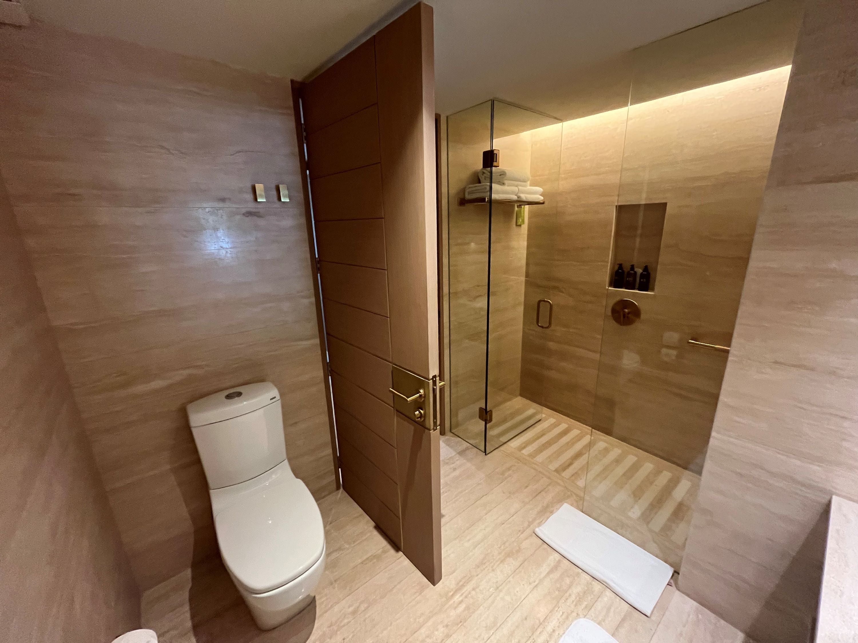 A modern bathroom with a toilet, a glass shower enclosure, and a towel rack.
