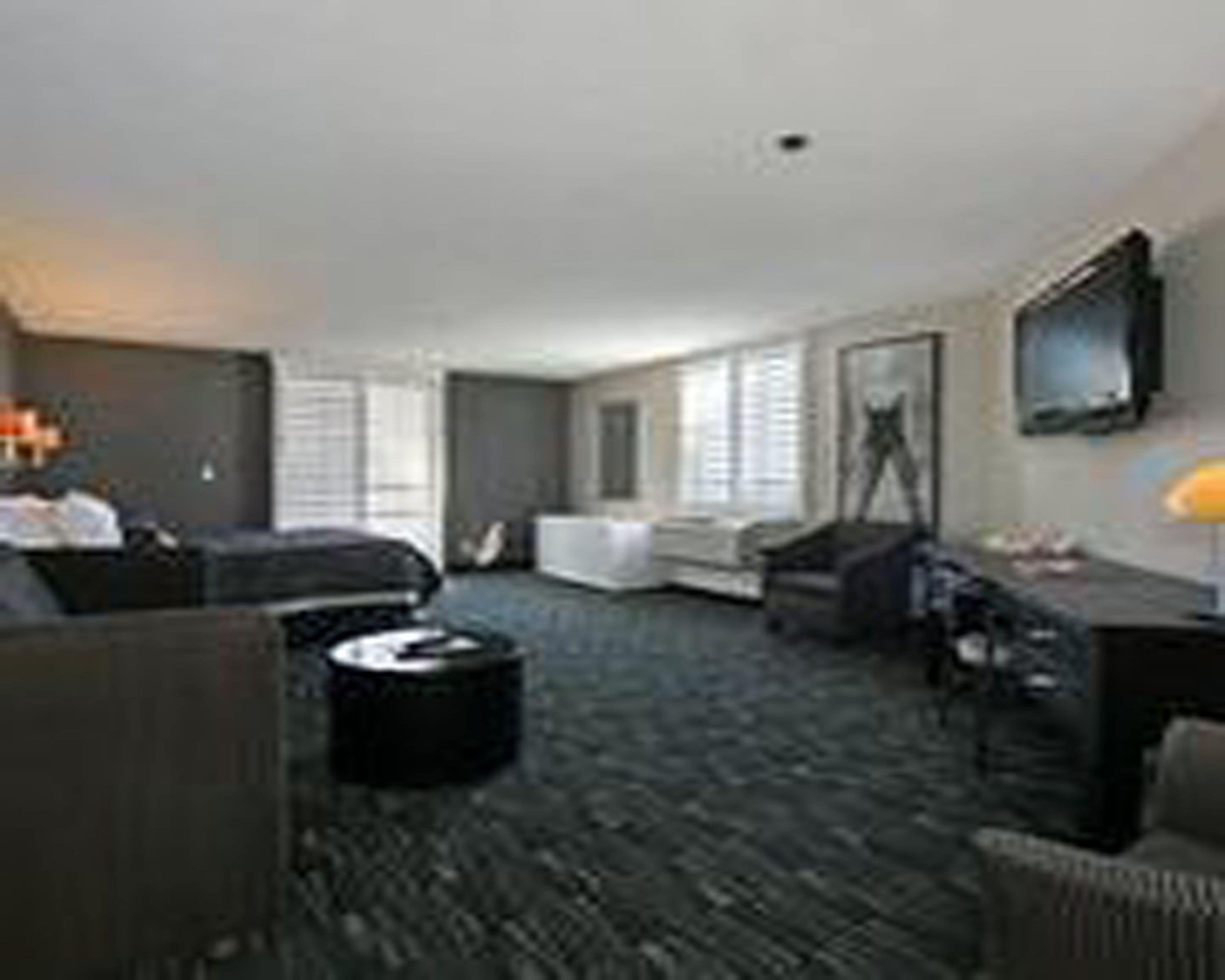 A modern hotel room with a dark carpet, a sofa, a bed, a desk, and a TV on the wall.
