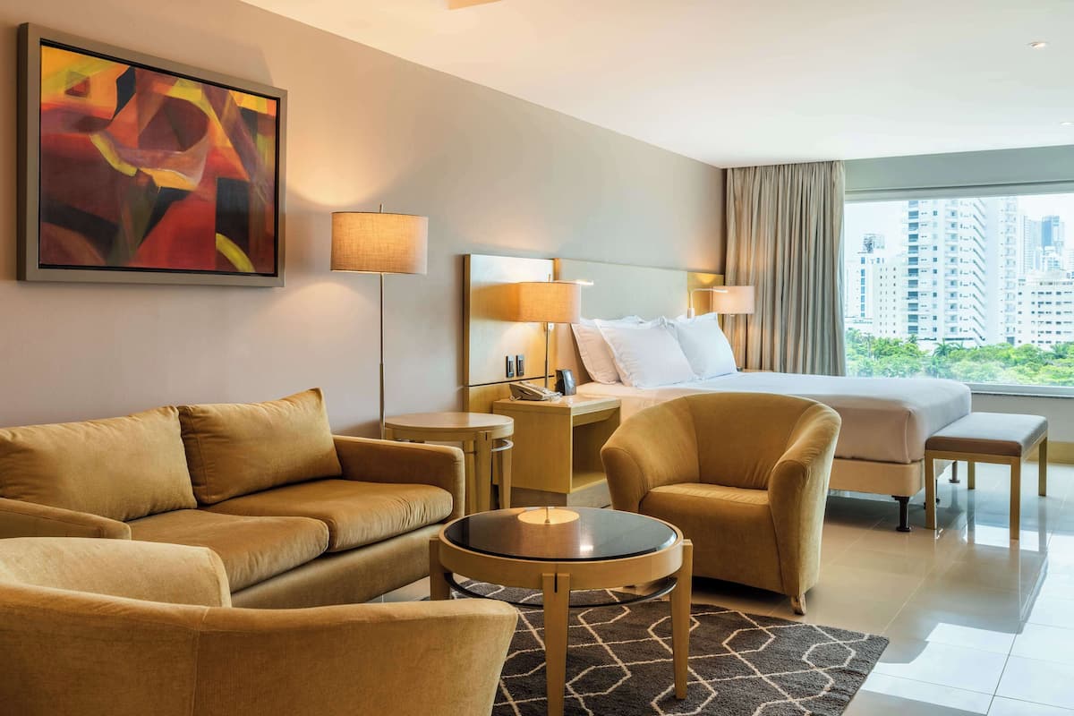 executive suite, 1 king bed | living area | 49-inch lcd tv with cable channels, tv, mp3 dock
