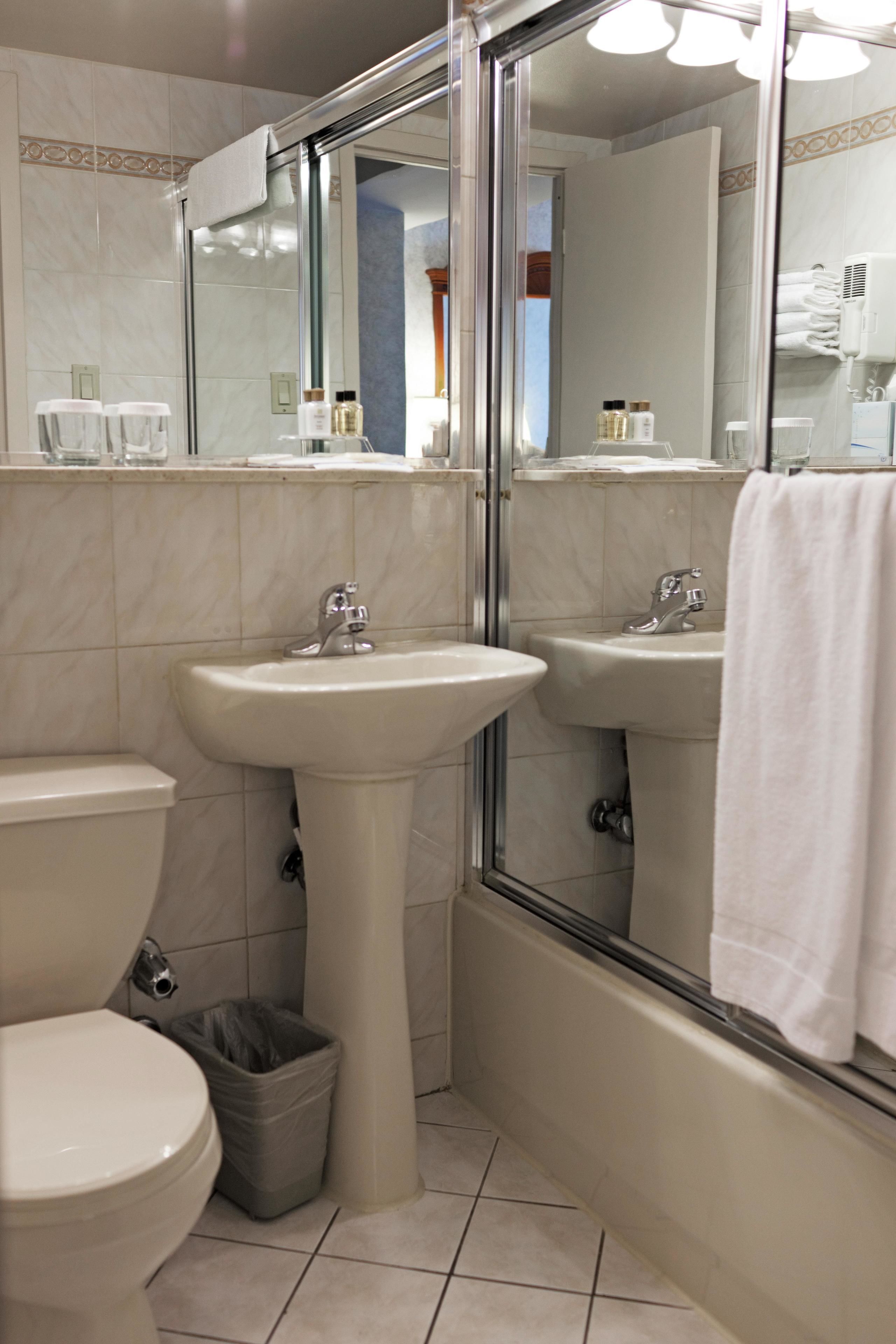 A bathroom with two sinks, a toilet, a shower, and a trash bin.