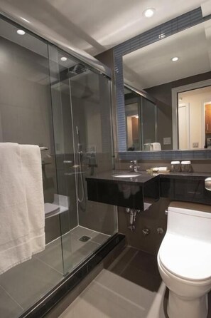 Combined shower/tub, eco-friendly toiletries, hair dryer, towels