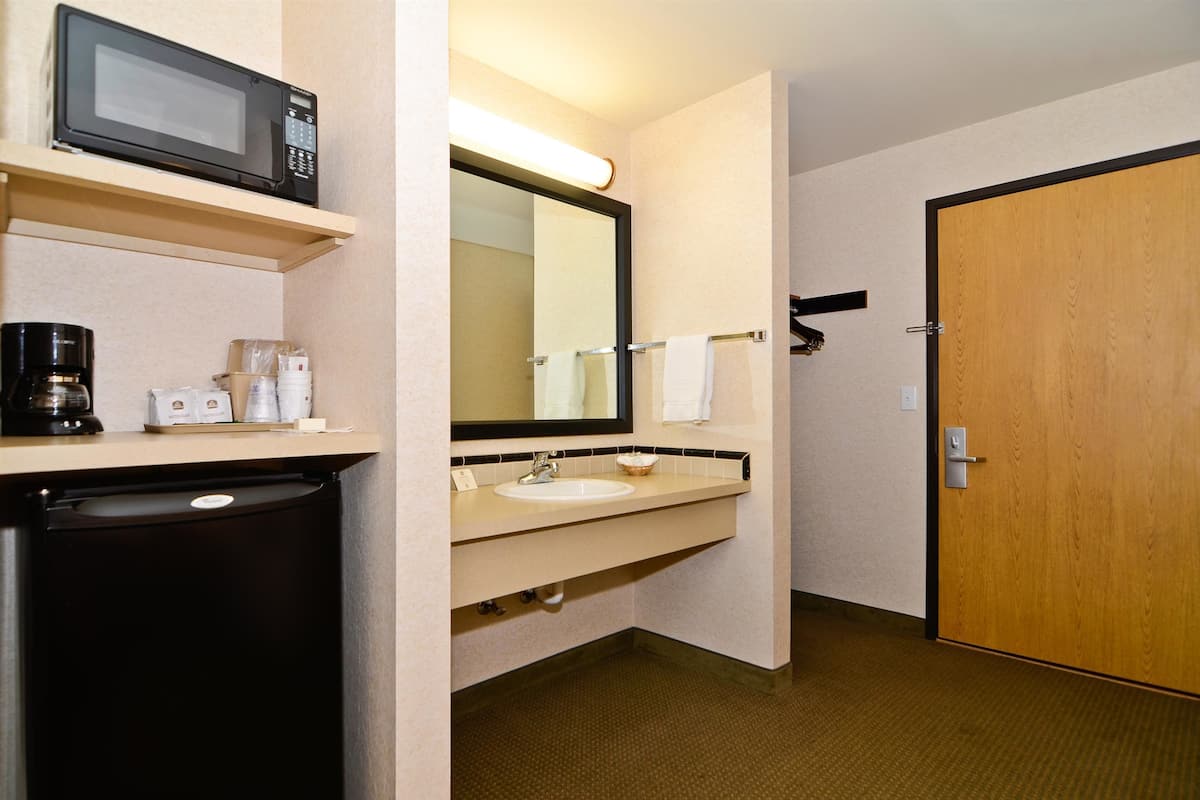 A hotel bathroom with a microwave, coffee maker, sink, and a large mirror.