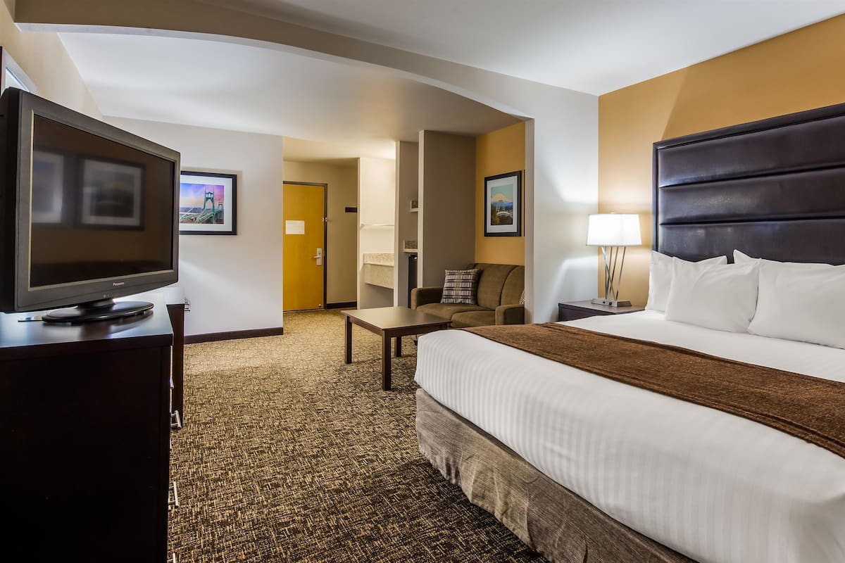 A hotel room with a large bed, a television, a desk, and a chair.