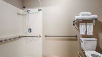 Combined shower/tub, free toiletries, hair dryer, towels