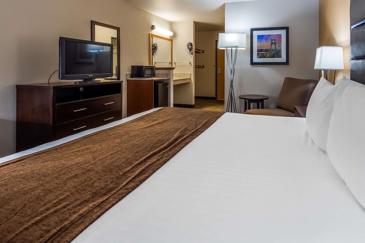 A hotel room with a large bed, a television on a dresser, a desk with a chair, a lamp, and a framed picture on the wall.