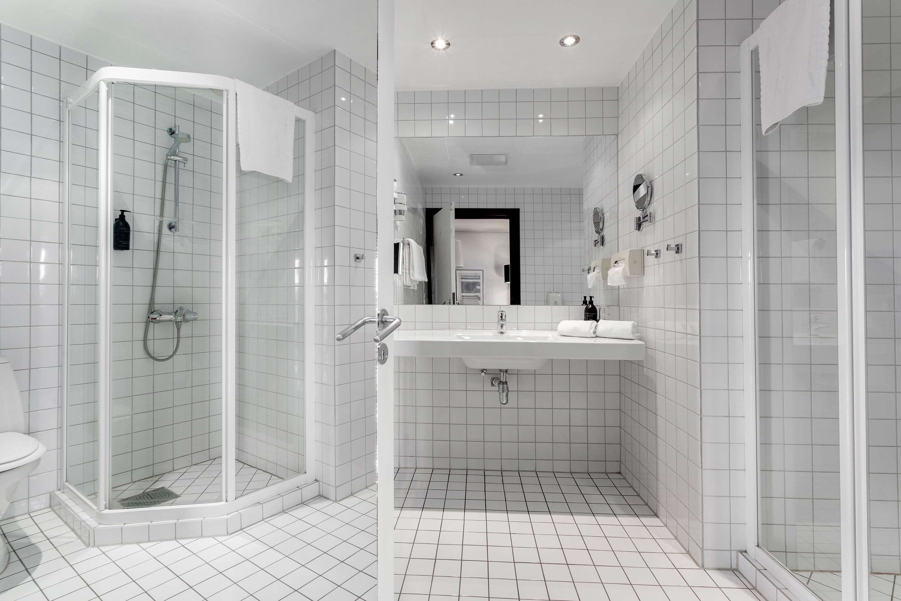 shower, eco-friendly toiletries, hair dryer, towels