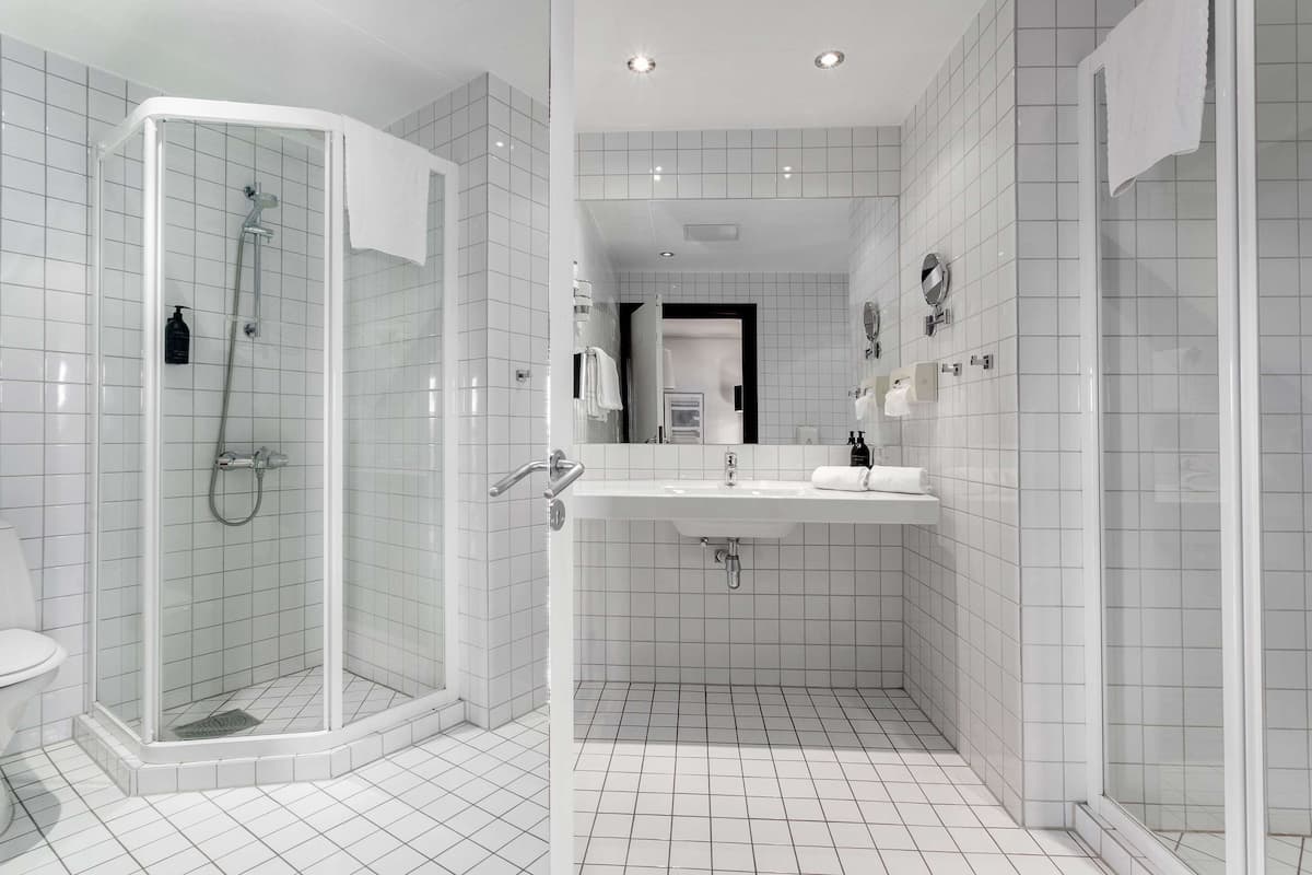 shower, eco-friendly toiletries, hair dryer, towels