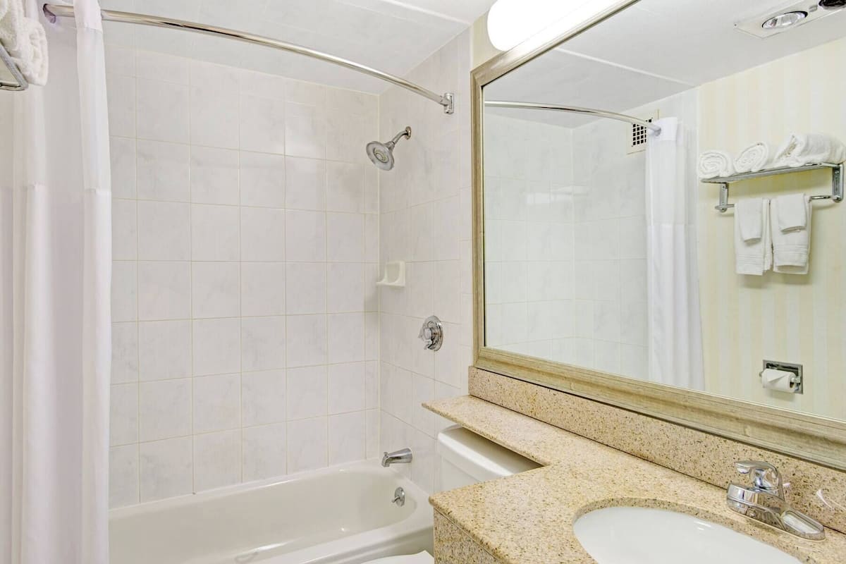 Combined shower/tub, free toiletries, hair dryer, towels