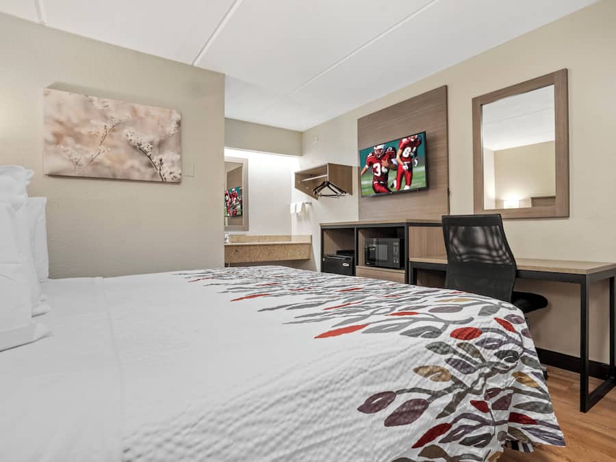 A hotel room with a bed, a desk, a chair, a television, and a mirror.