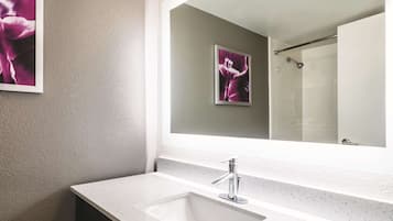 Une salle de bain moderne avec un grand miroir, un lavabo blanc et un espace douche.