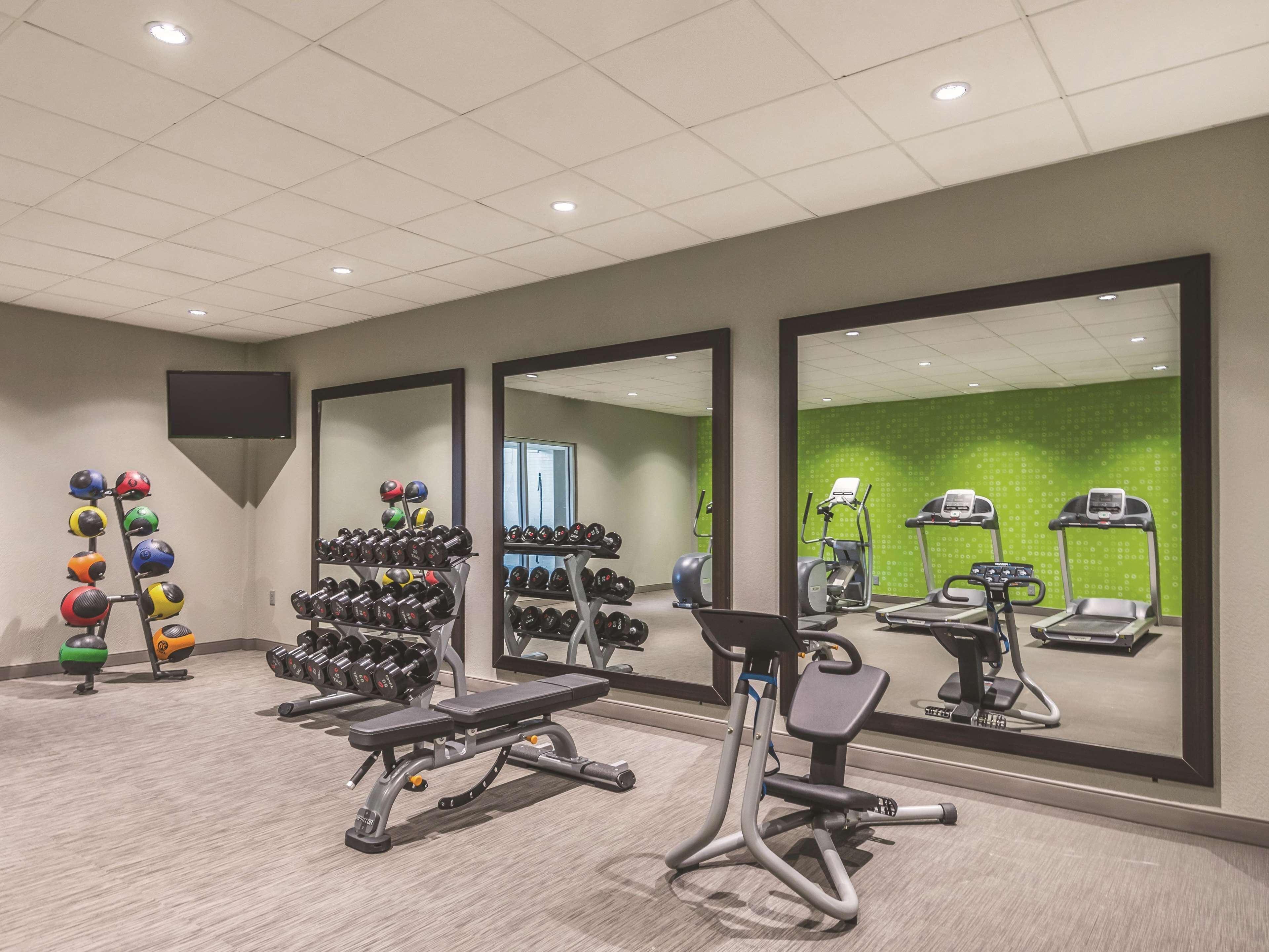 Une salle de sport équipée de matériel d’exercice, de miroirs et d’un mur végétal.