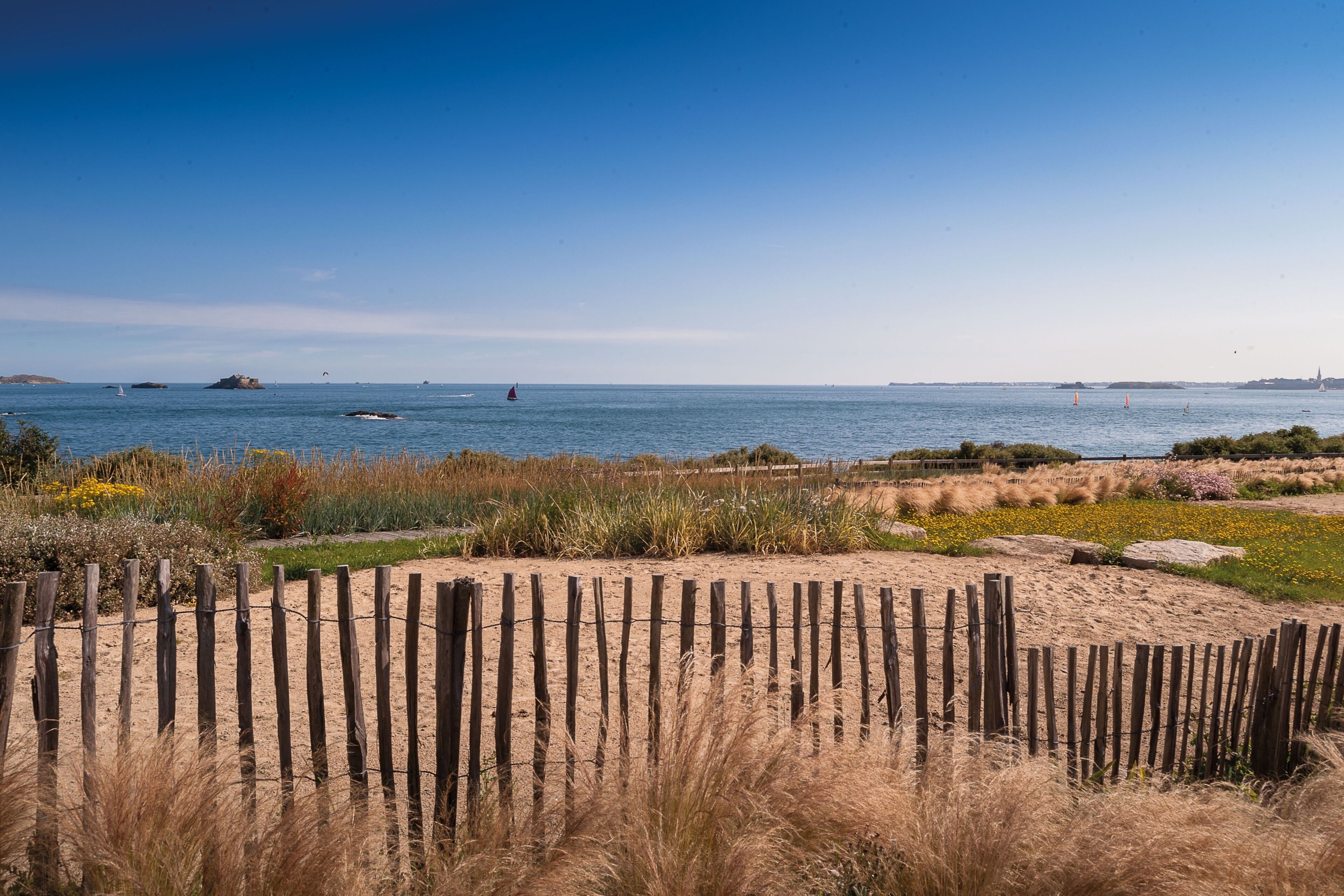 A beach with a wooden fence, sandy dunes, and a clear blue sky.