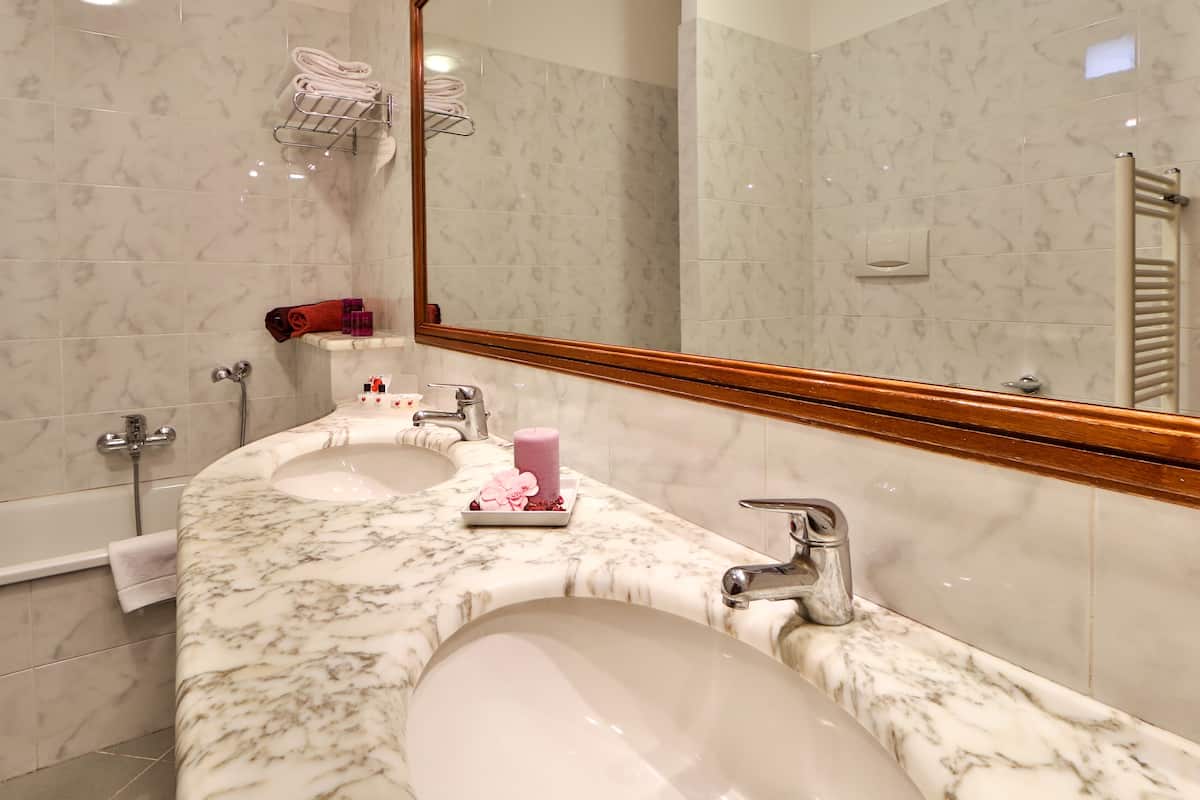 hair dryer, bidet, towels, soap