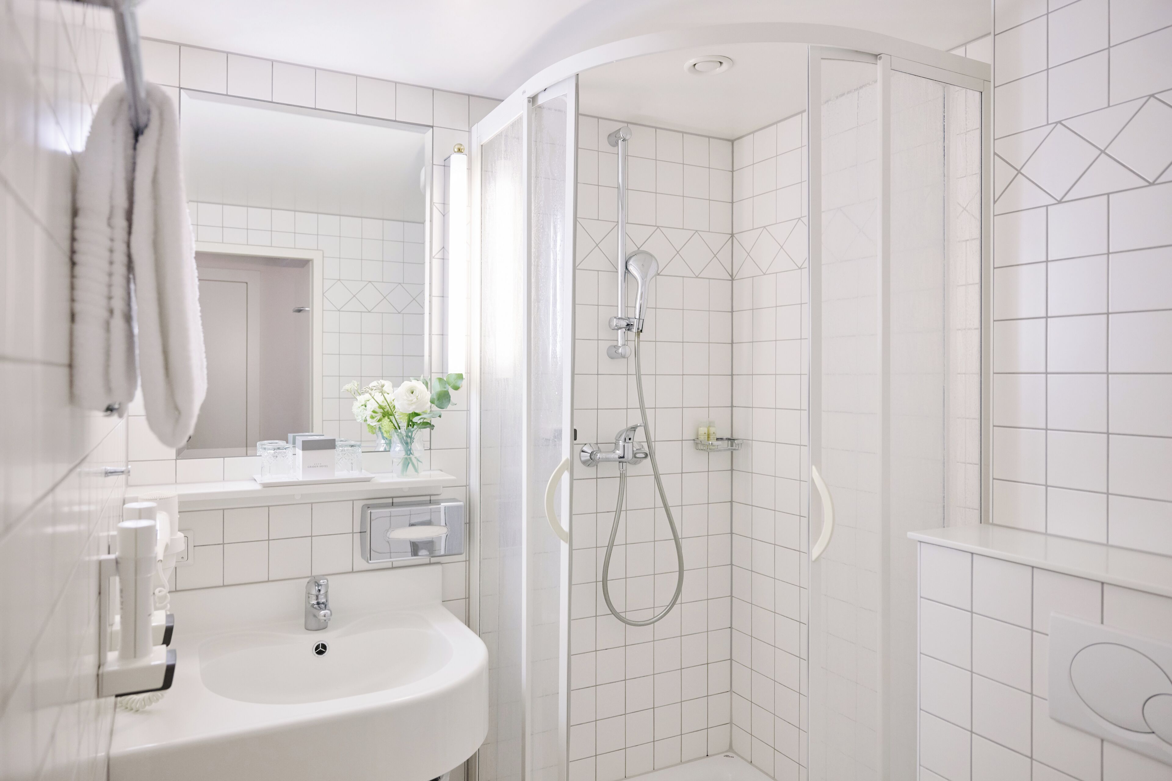 combined shower/bathtub, free toiletries, hair dryer, towels