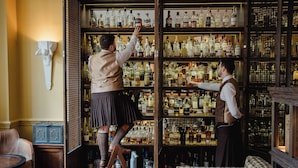 A bar area with shelves of liquor bottles, a wooden ladder, and a bar counter.