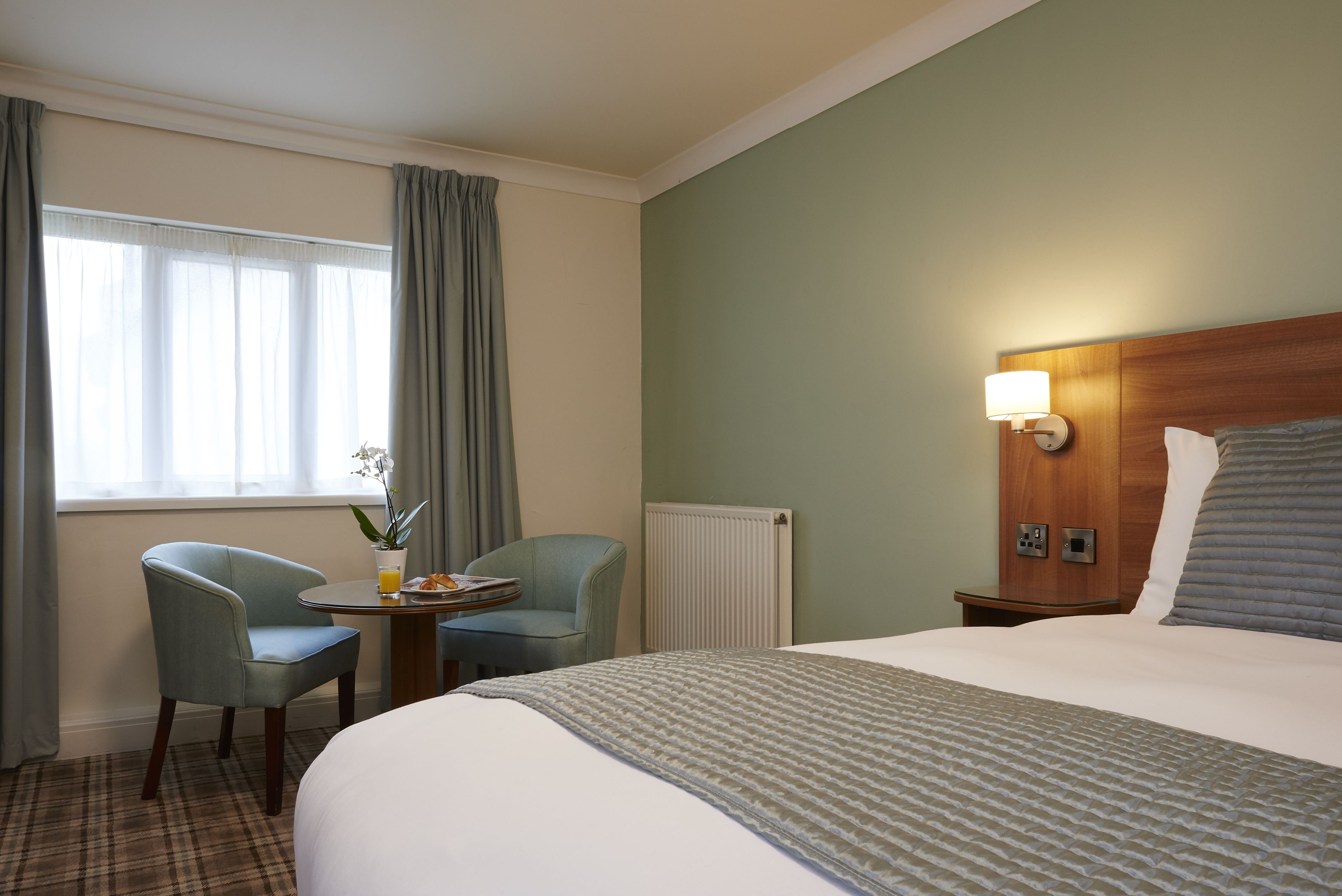 A hotel room with a bed, a small table with a vase and a plate of fruit, two chairs, a lamp, and a radiator.