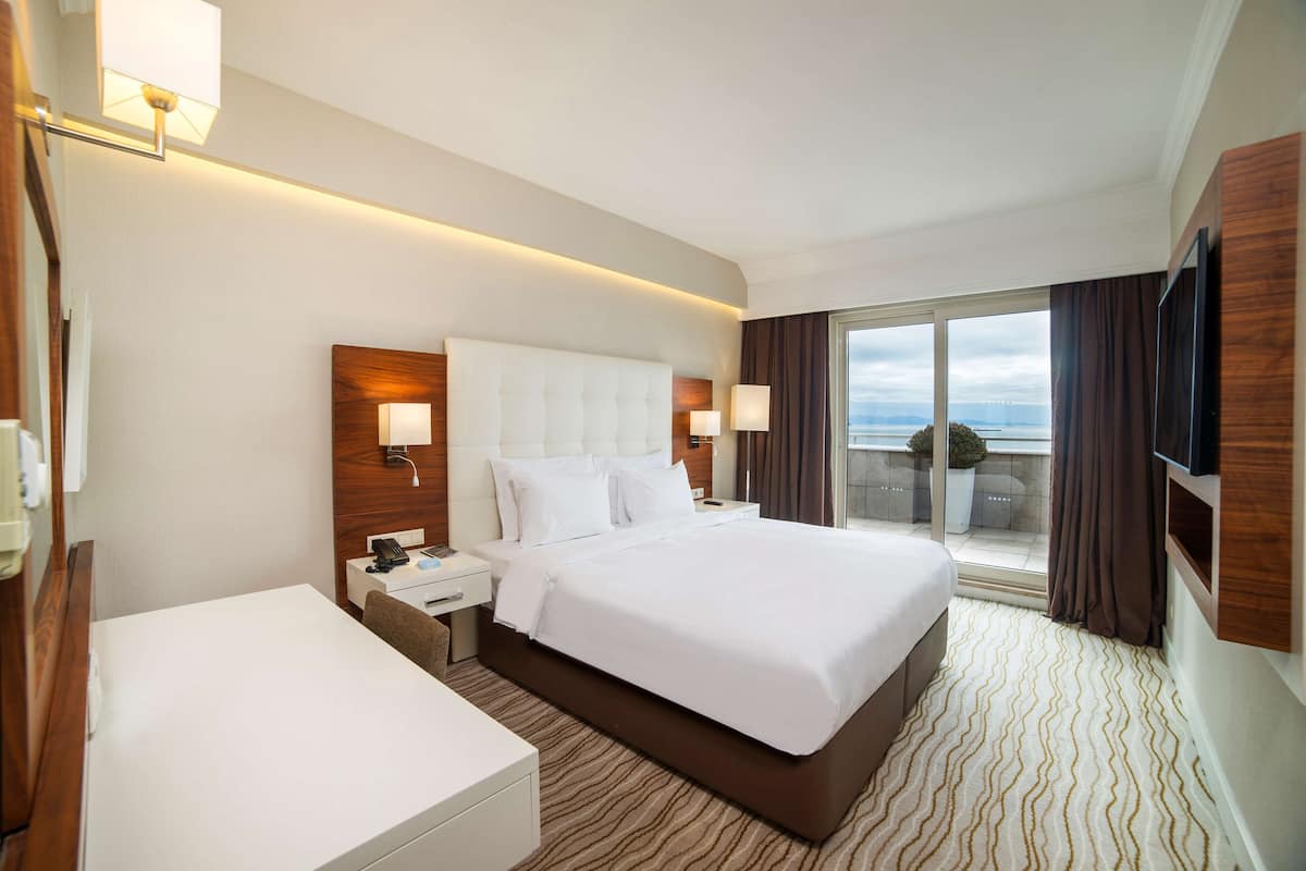 Habitación de hotel con una cama grande, mesitas de noche, televisión y vistas al exterior.