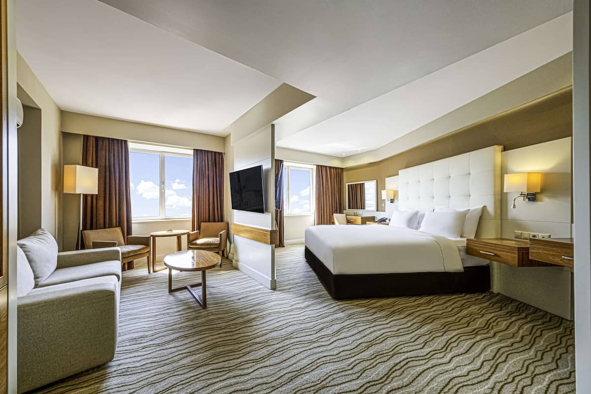 Habitación de hotel con una cama grande, un sofá, un escritorio, un televisor y vistas al cielo.