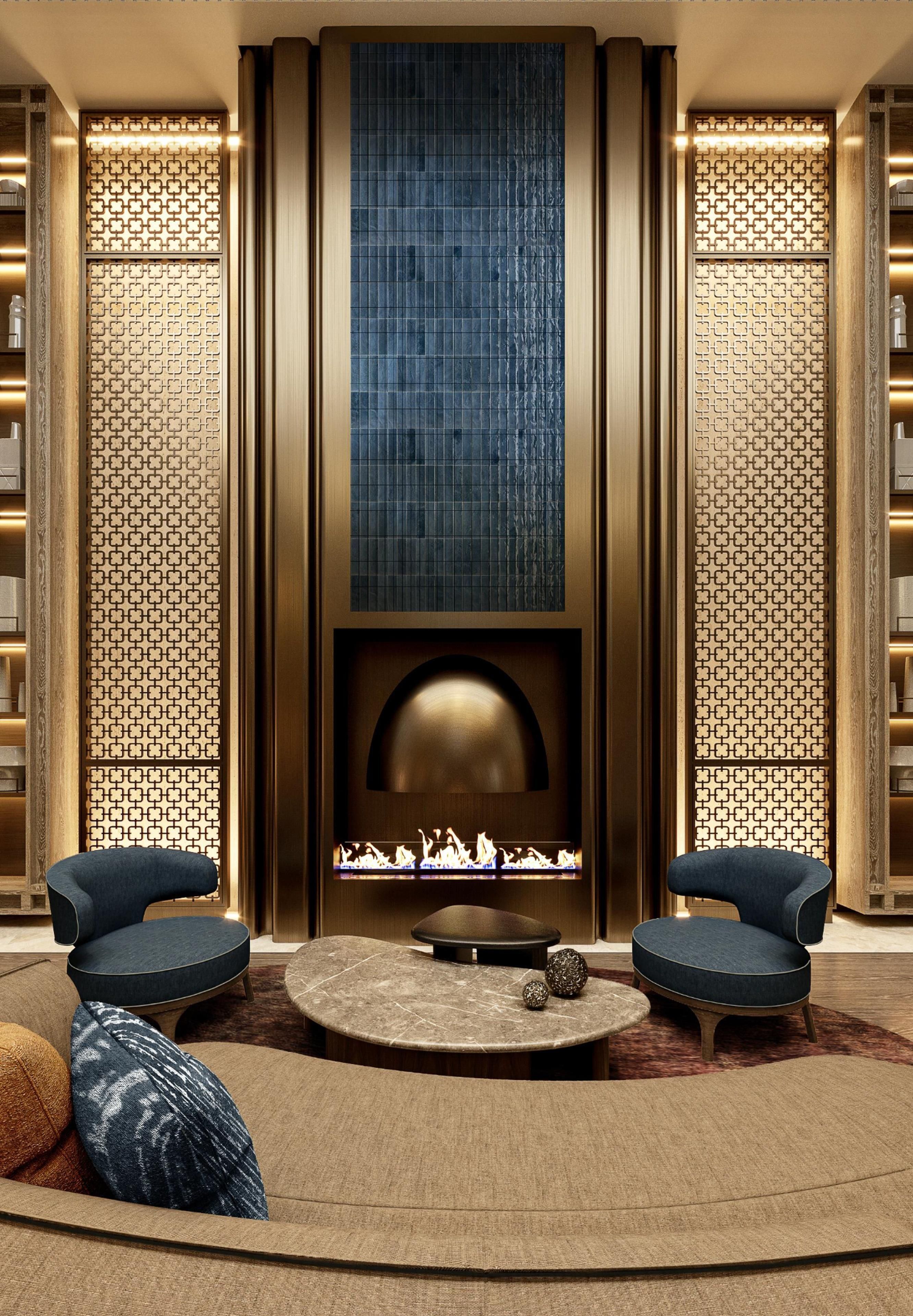 A modern interior with a central fireplace, two armchairs, and a round coffee table.