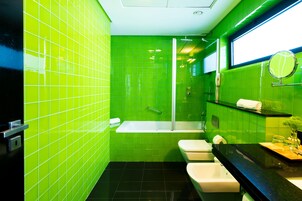 Eco-friendly toiletries, hair dryer, bathrobes, bidet
