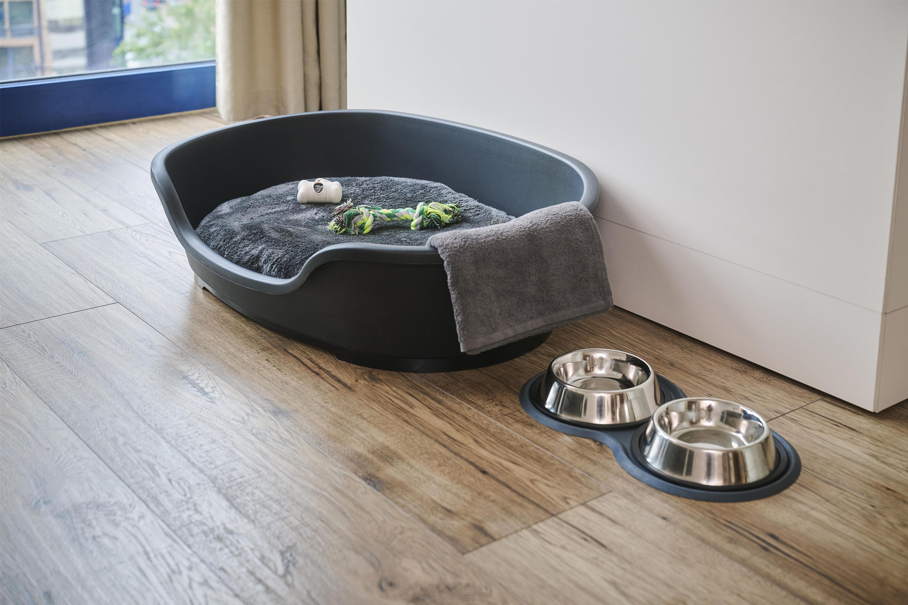 A pet bed with a blanket and toys, two metal bowls, and a window with curtains.