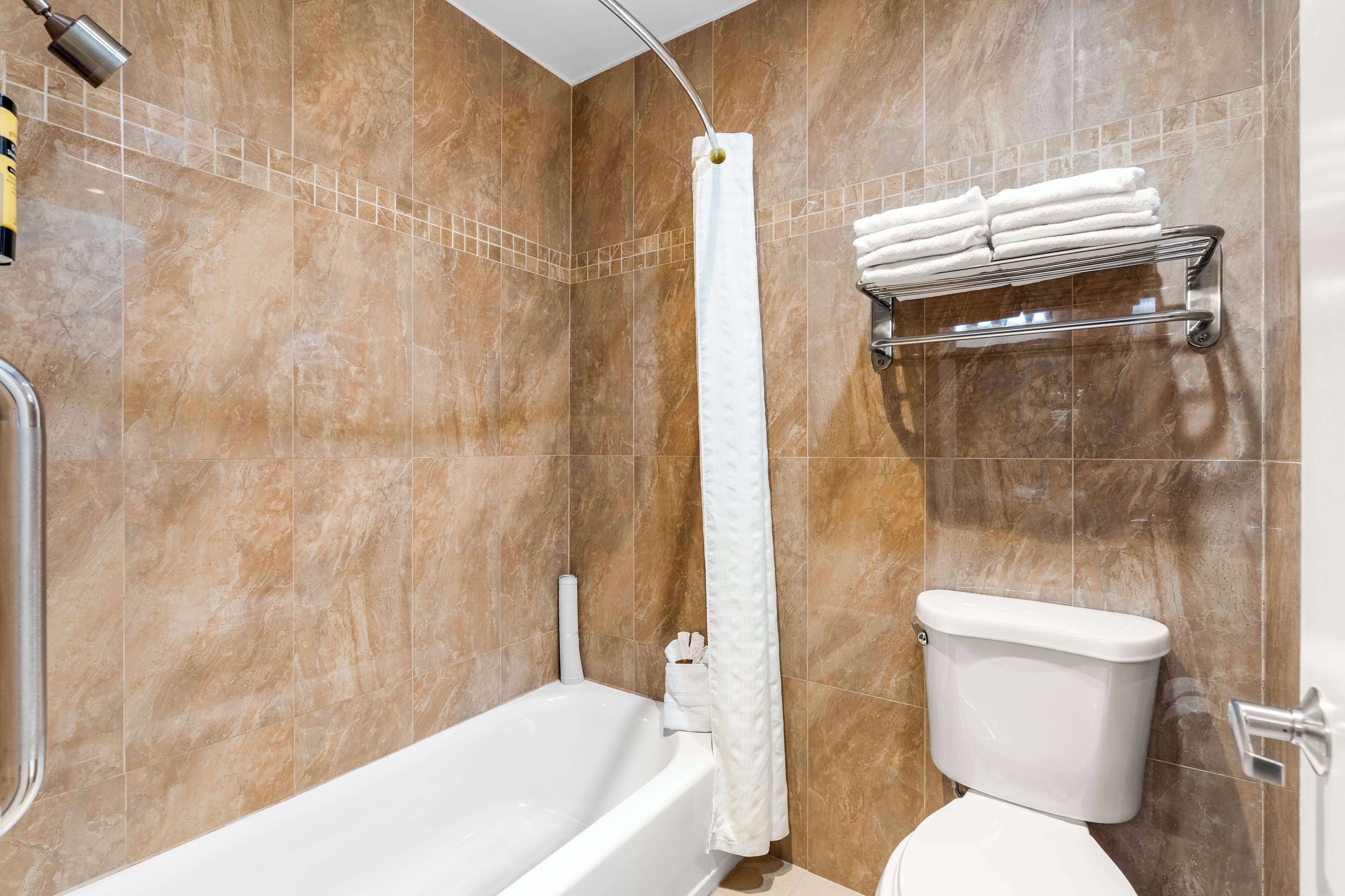 combined shower/bathtub, free toiletries, hair dryer, towels