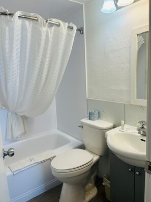 Combined shower/bathtub, eco-friendly toiletries, hair dryer, towels