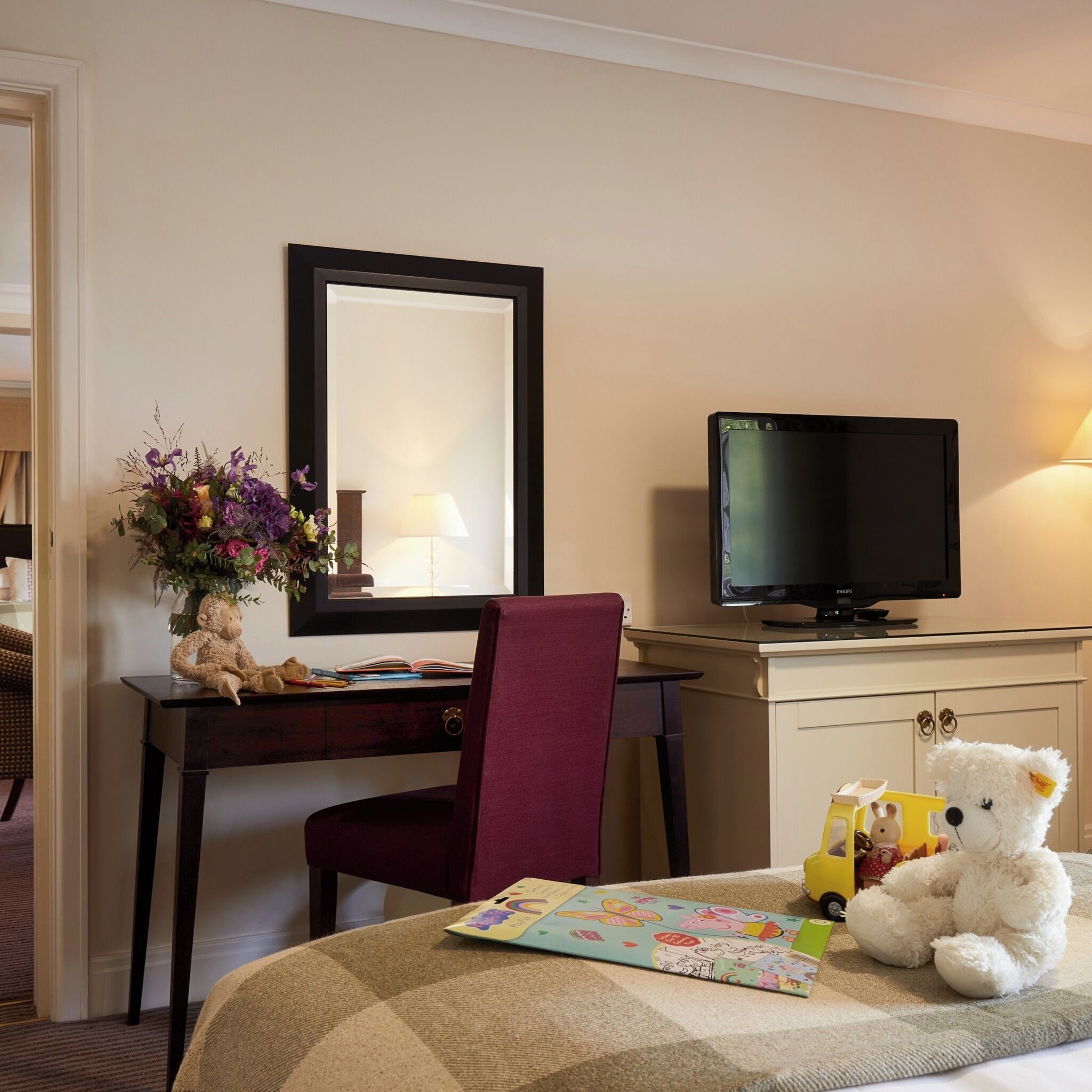 premium bedding, desk, blackout curtains, iron/ironing board