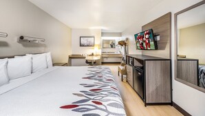 Habitación de hotel con una cama grande, un escritorio con silla, un televisor montado en la pared y un espejo.