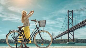 Una persona al lado de una bicicleta con cesto, contemplando un puente y el agua.
