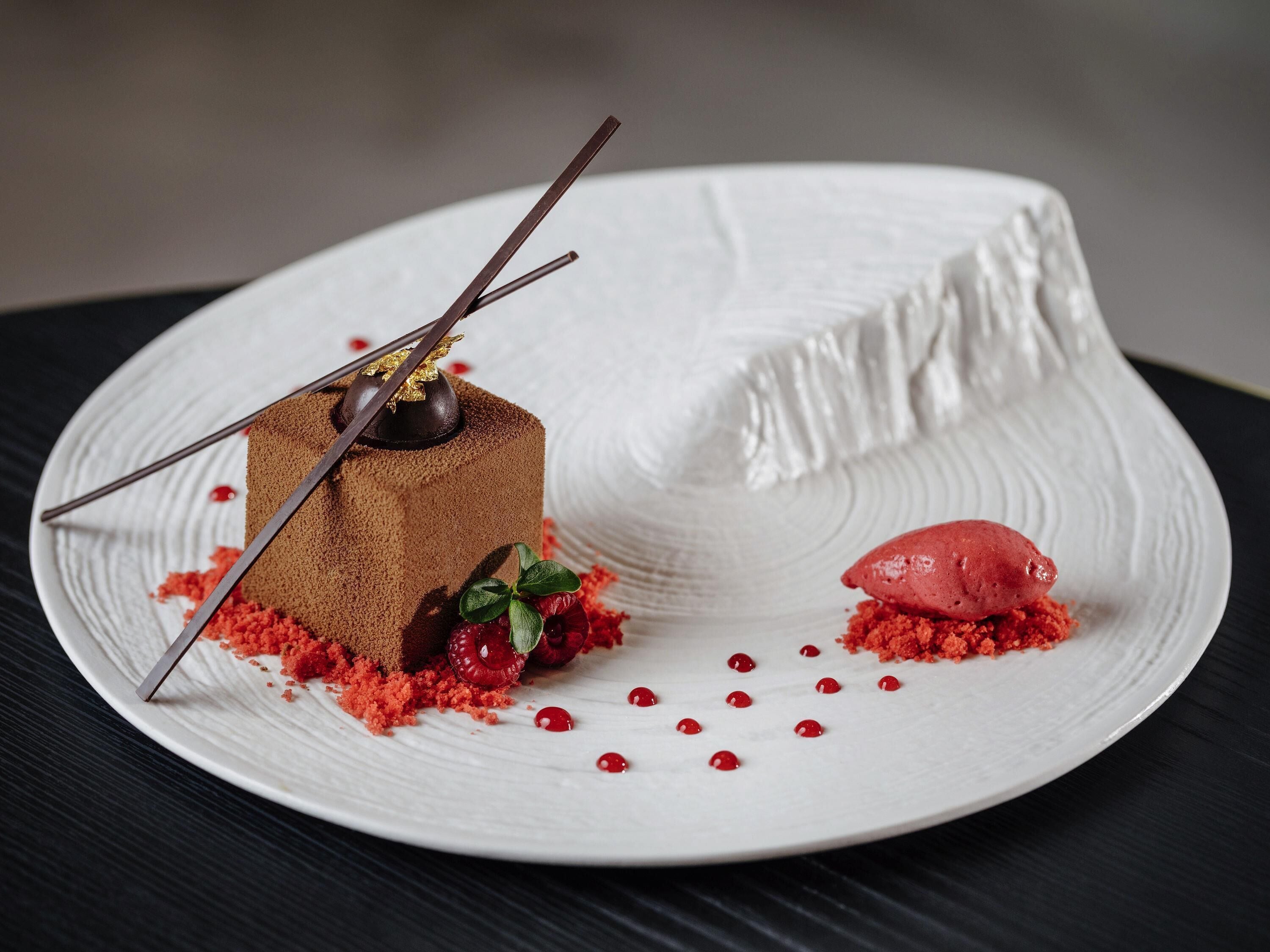 Postre sobre un plato blanco, con un trozo de chocolate, bayas rojas y una bola de helado.
